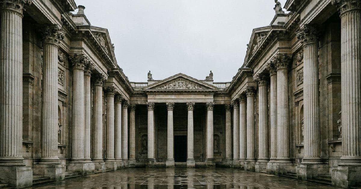 Classical marble columns of a grand building exterior under overcast sky, empty and still.