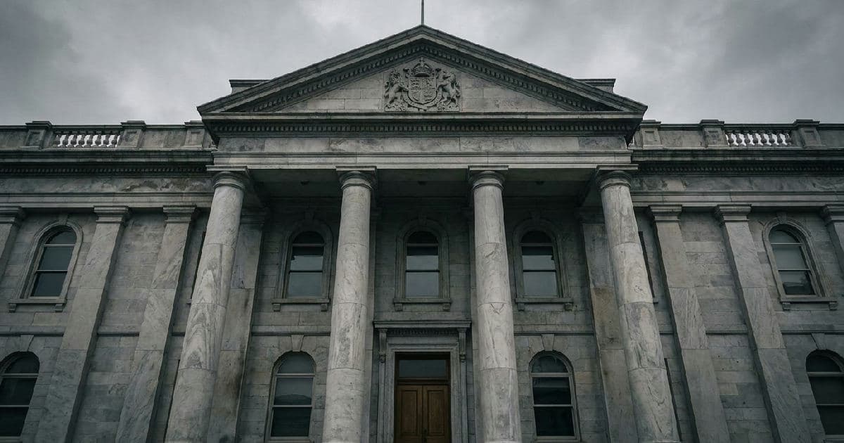 Classical marble columns of a government building under overcast sky, symbolising legal institutions.