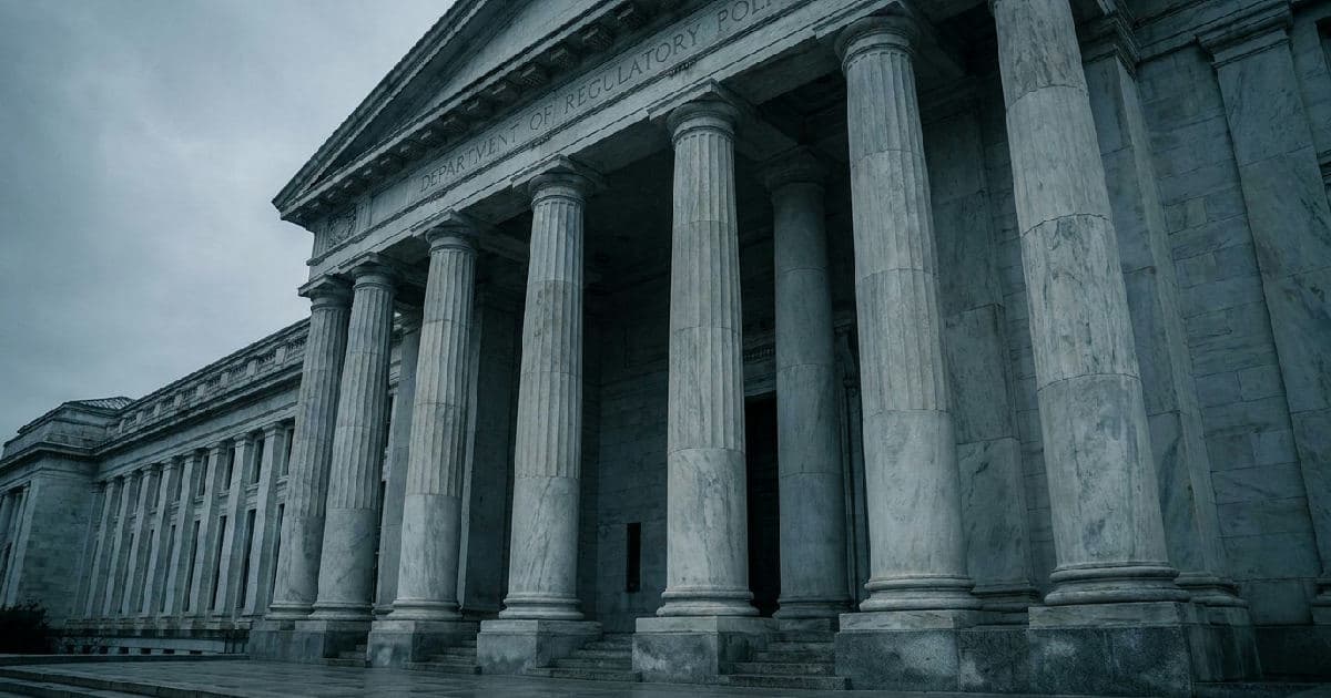 Classical marble columns of a government building under overcast sky, emphasizing institutional authority.