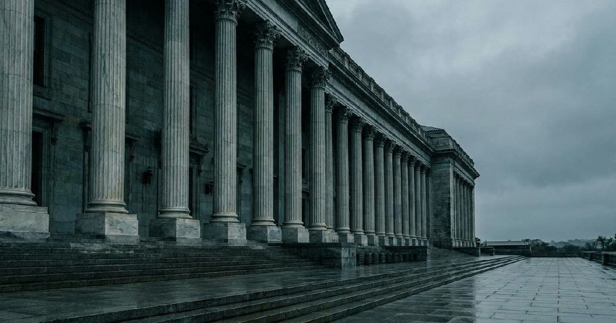 Classical government building with marble columns under overcast sky, architectural composition.