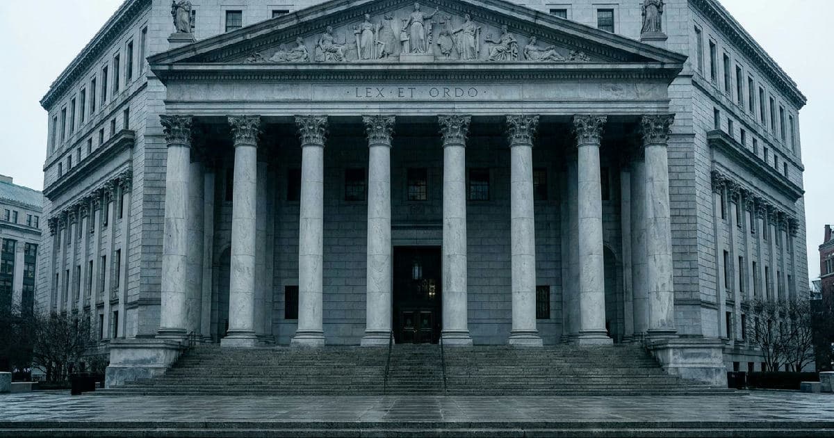 Classical marble columns of a government building under overcast sky, empty and austere.