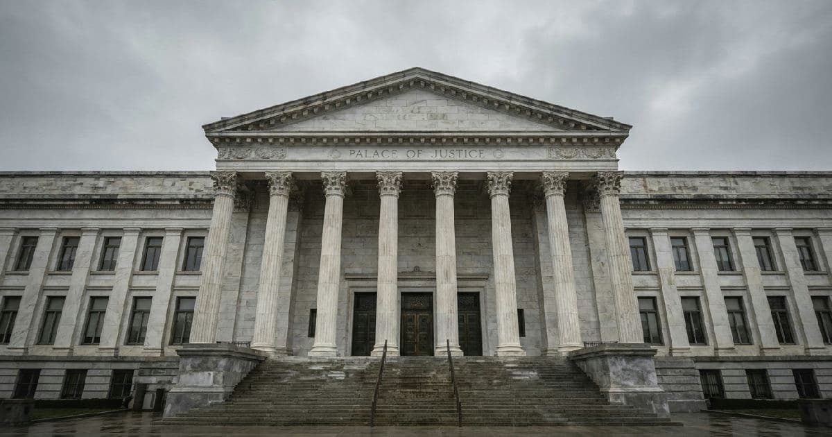 Classical marble columns of government building under overcast sky, no figures visible.