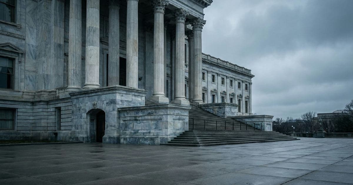 Classical marble columns of a government building under overcast sky, no people visible.