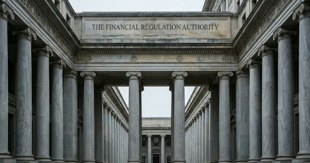 Marble columns of a classical government building under overcast sky, symmetrical architectural composition.