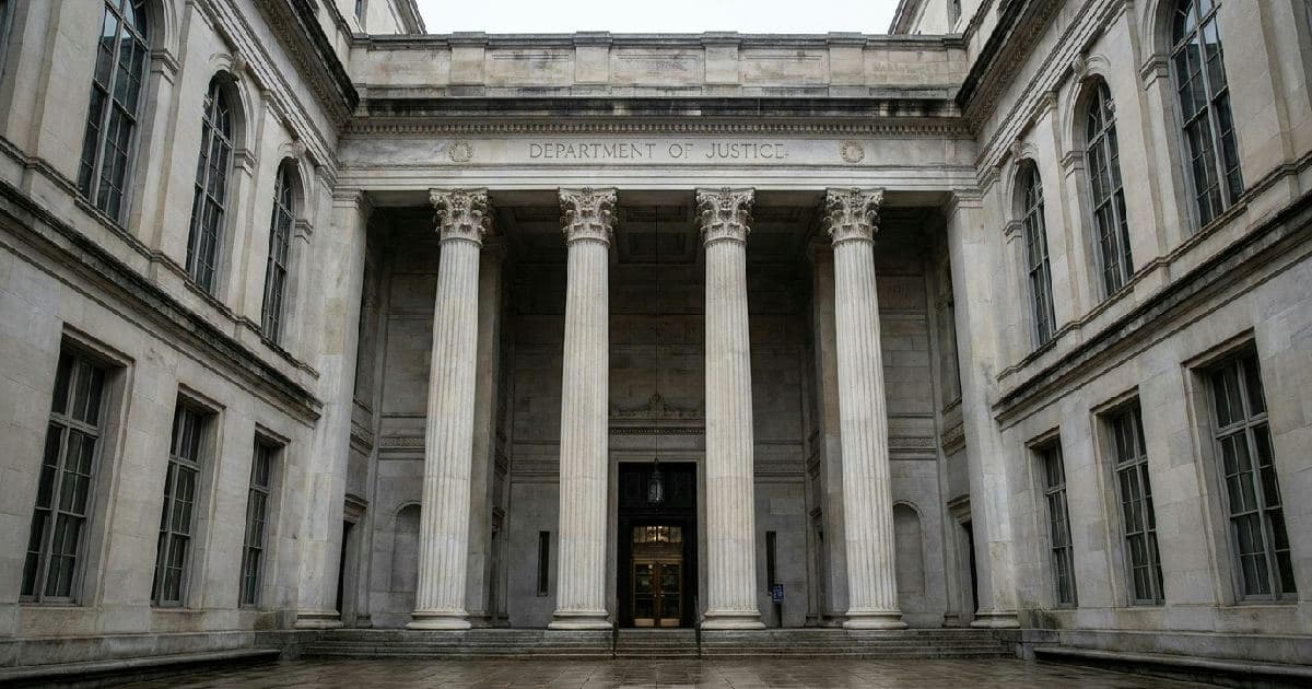 Classical marble columns of a government building beneath an overcast sky.