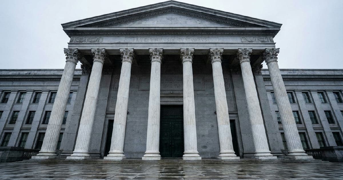 Classical stone columns of a government building against an overcast sky, no people visible.