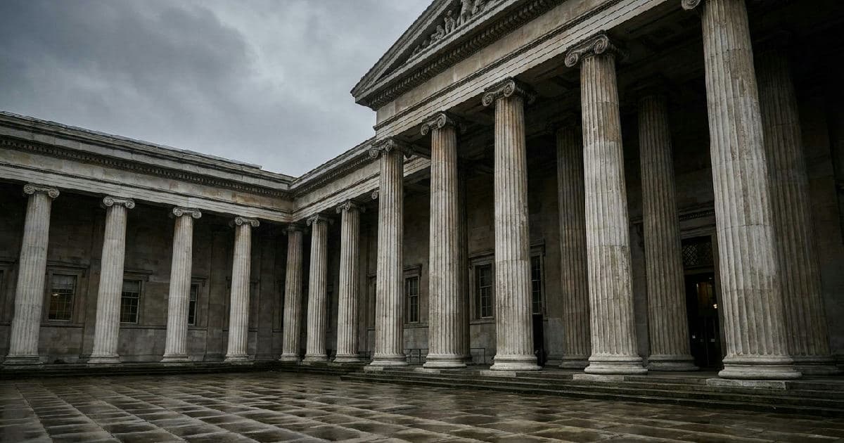Marble columns of a classical government building under overcast sky, emphasizing institutional authority.