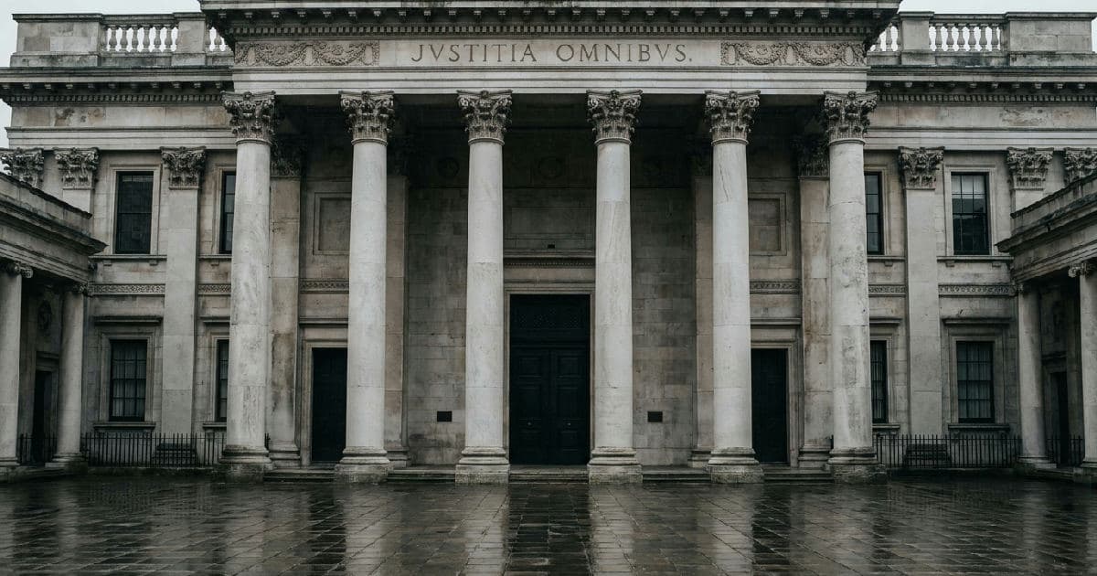 Classical marble columns and government building facade under overcast sky, empty architectural space.