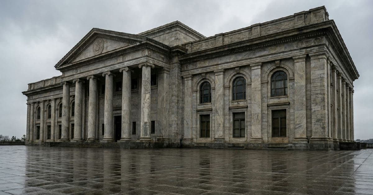 Classical marble-columned government building exterior under overcast sky, no people visible.