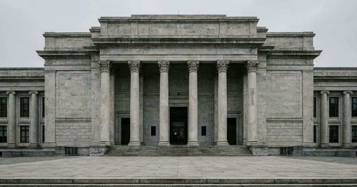 Classical marble columns of a government building under overcast sky, no people present.
