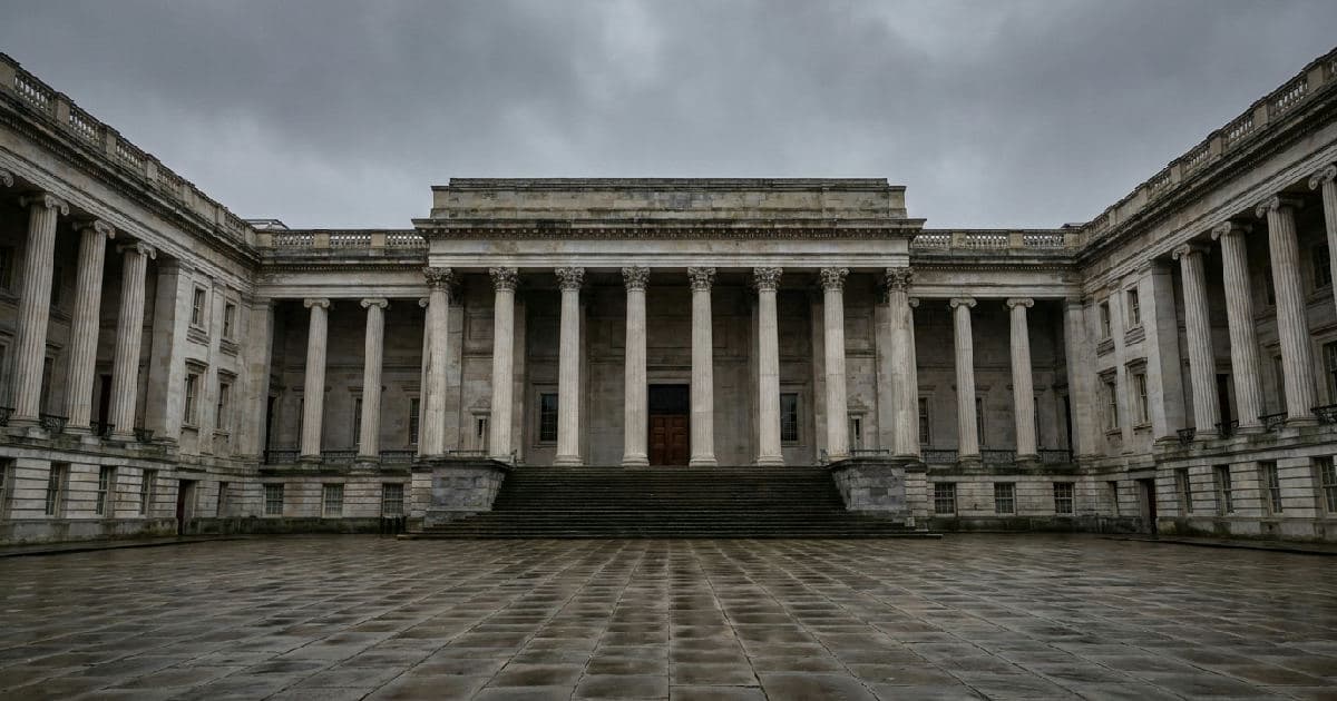 Classical marble columns and government building exterior beneath overcast sky, empty and austere.
