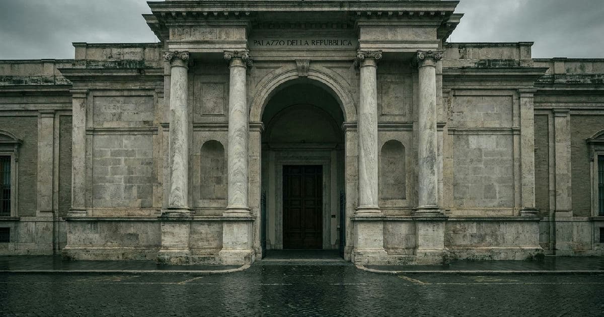 Classical marble columns and stone archway beneath overcast sky, empty and austere.