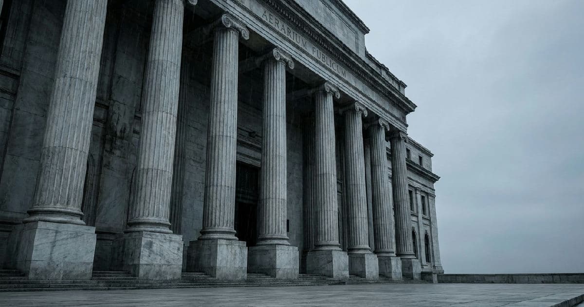 Classical marble columns of a government building beneath an overcast sky.