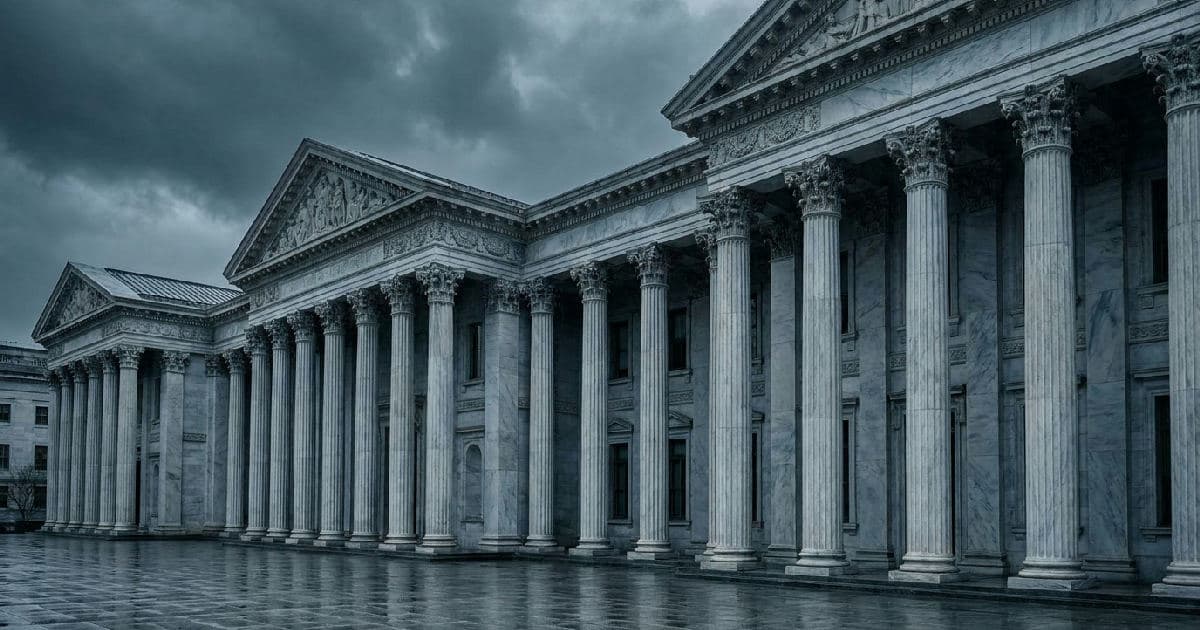 Marble columns of a classical government building beneath a grey, overcast sky.