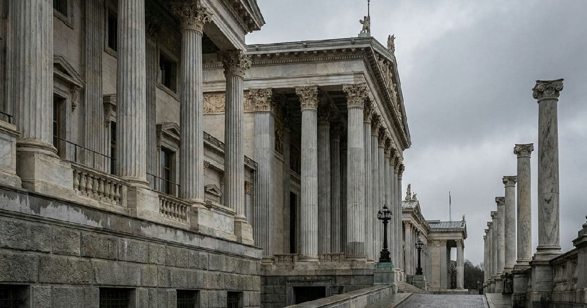 Classical marble columns of a government building under overcast sky, no people visible.