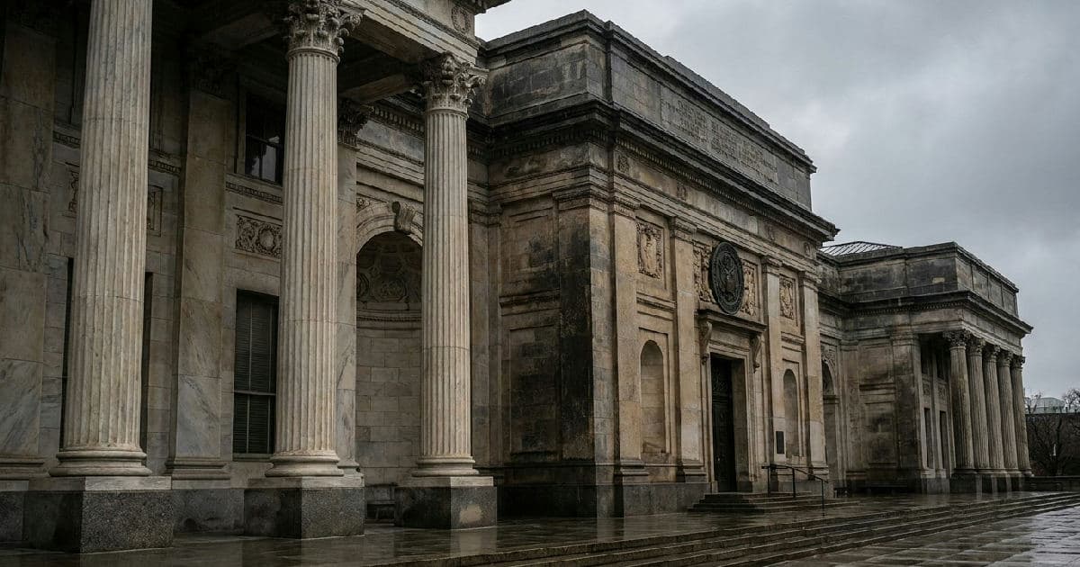 Classical marble columns of a government building under overcast sky, architectural composition conveying legal authority.