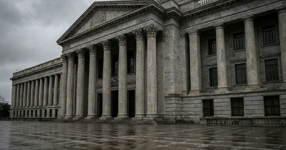 Classical marble columns of a government building under overcast sky, empty and austere.