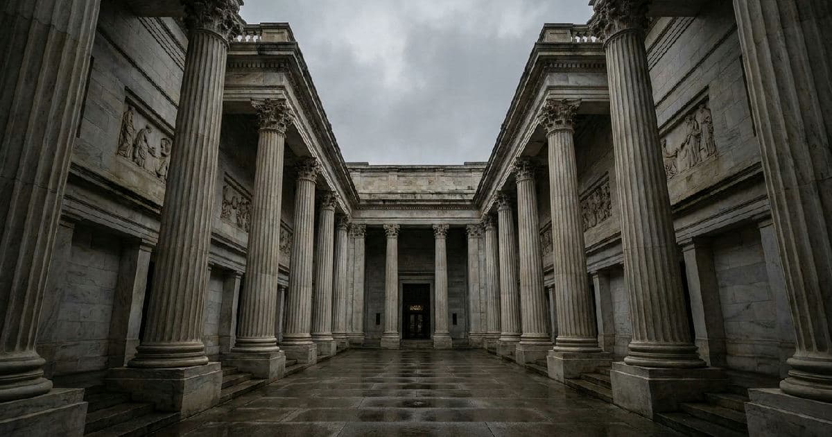 Classical marble columns of a government building against an overcast sky, symbolizing legal accountability.
