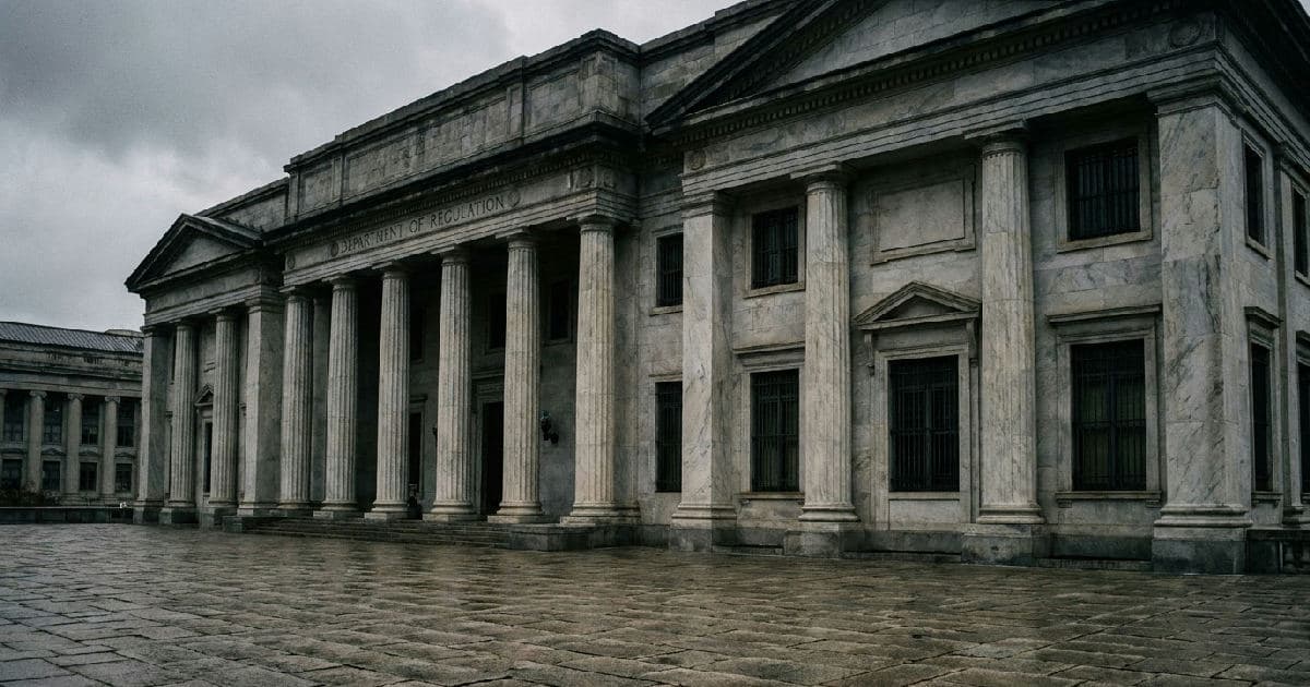 Classical marble columns of a government building under overcast sky, empty and austere.