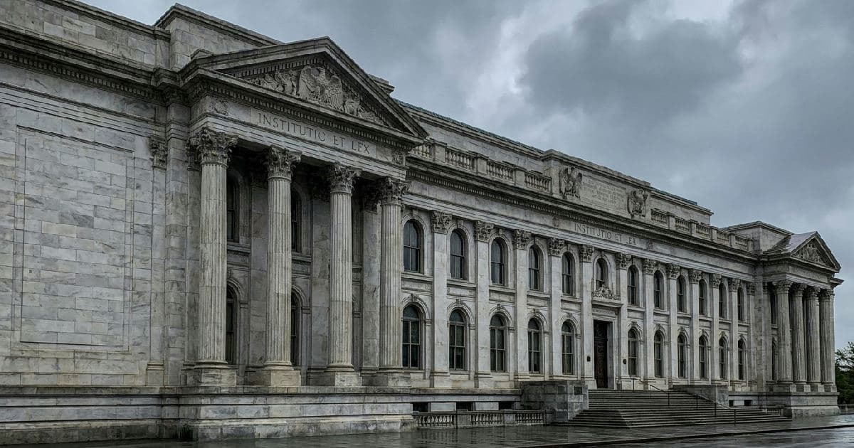 Classical marble columns of a government building under overcast sky, architectural detail.