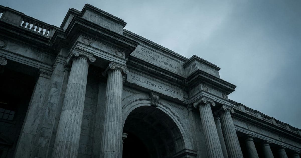 Classical stone columns and government building facade beneath overcast sky, symbolizing regulatory authority.