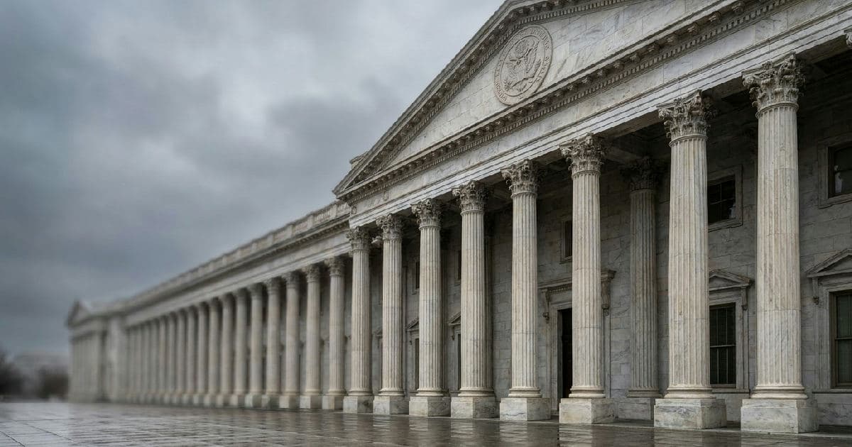 Classical marble columns of a government building under overcast sky, emphasizing regulatory authority.