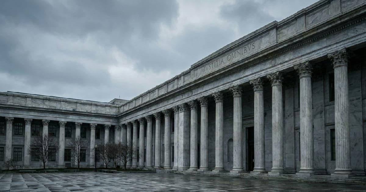 Classical marble columns of a government building under overcast sky, empty and austere.