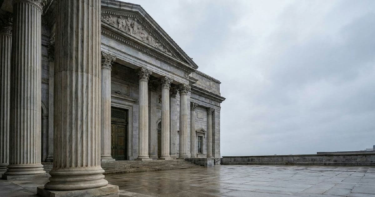 Classical marble columns of a government building under overcast sky, symbolizing regulatory authority.