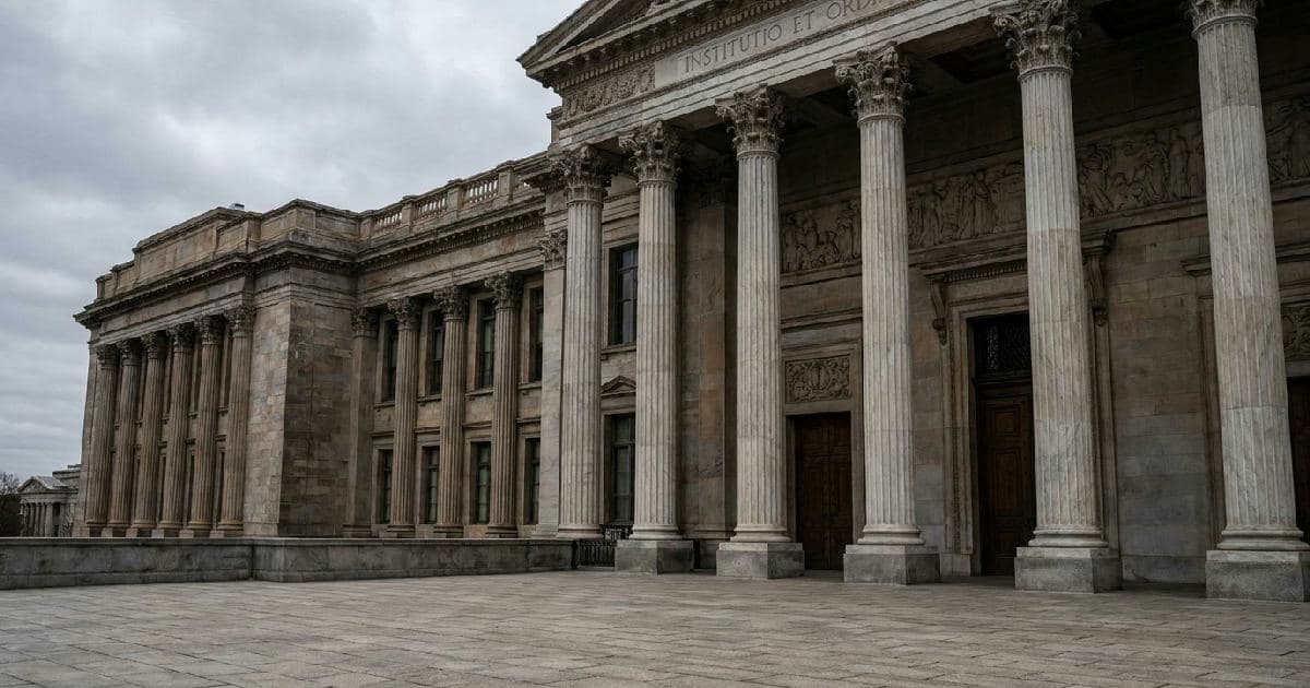 Classical marble columns of a government building under overcast sky, symbolizing regulatory authority.