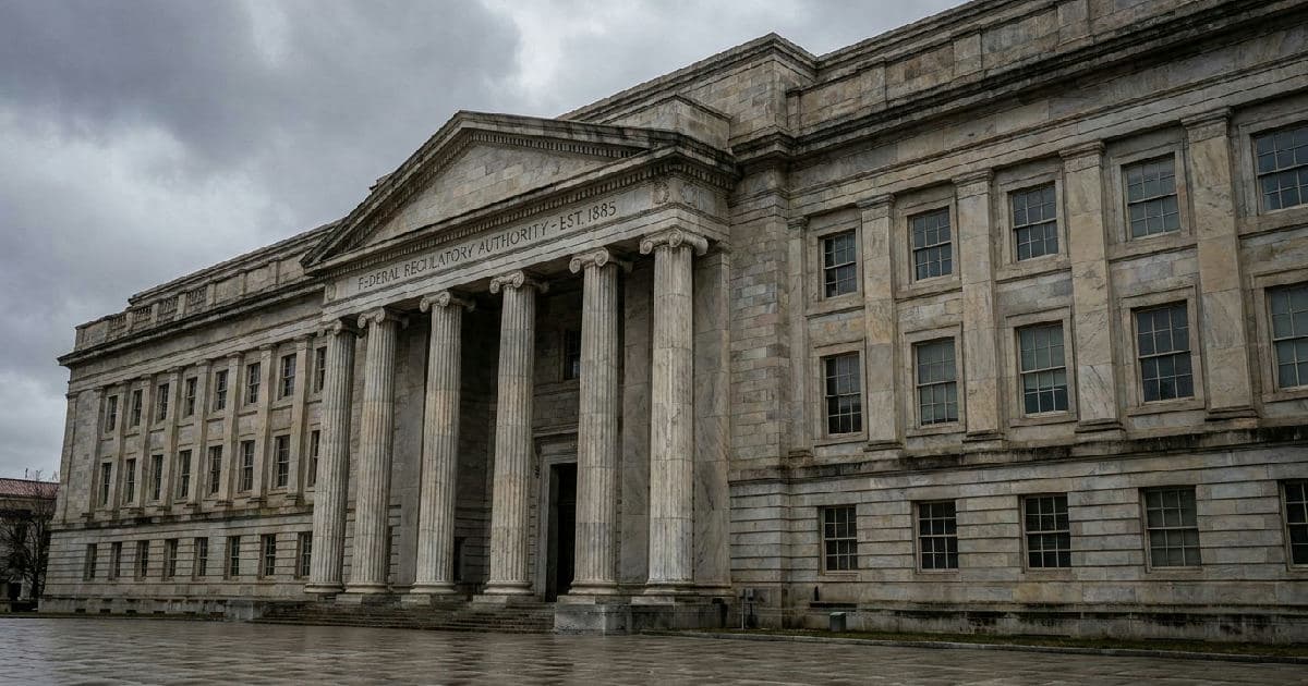 Marble columns of a classical government building under overcast sky, symbolizing regulatory institutions.