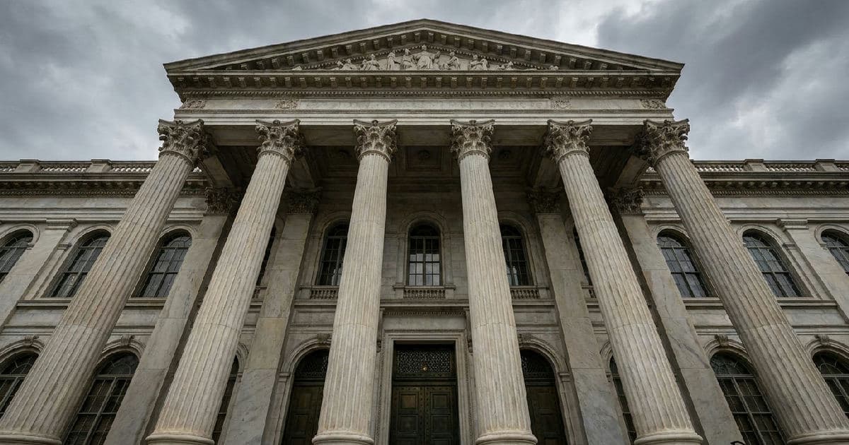 Marble columns of a government building under overcast sky, classical architecture symbolizing regulatory authority.
