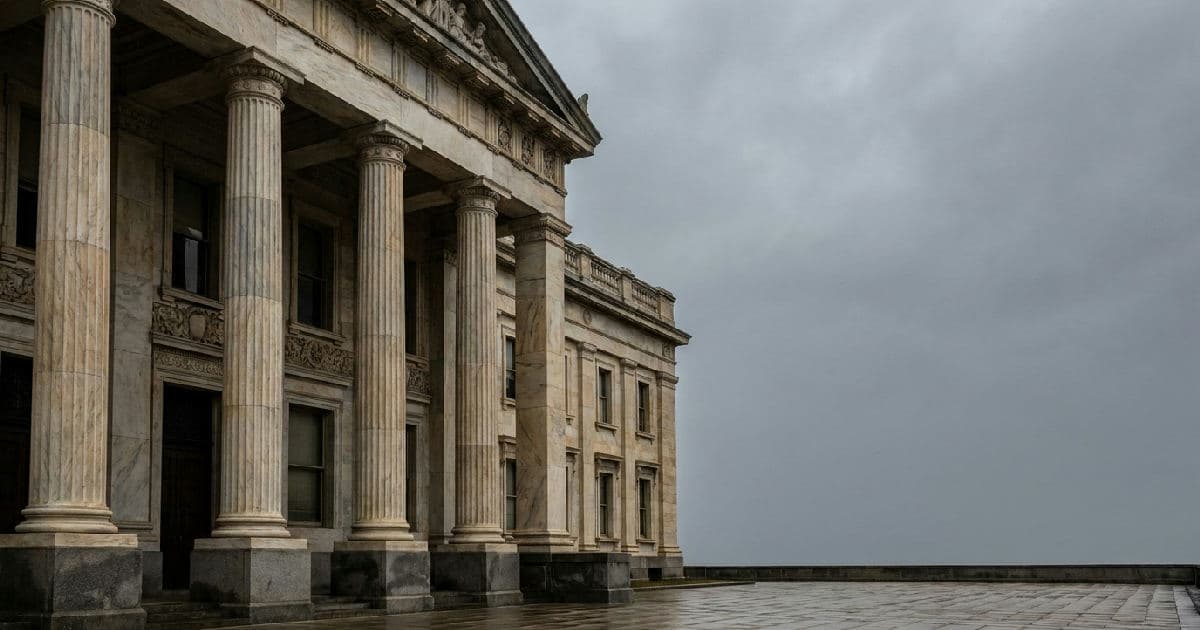 Classical marble columns of a government building under overcast sky.