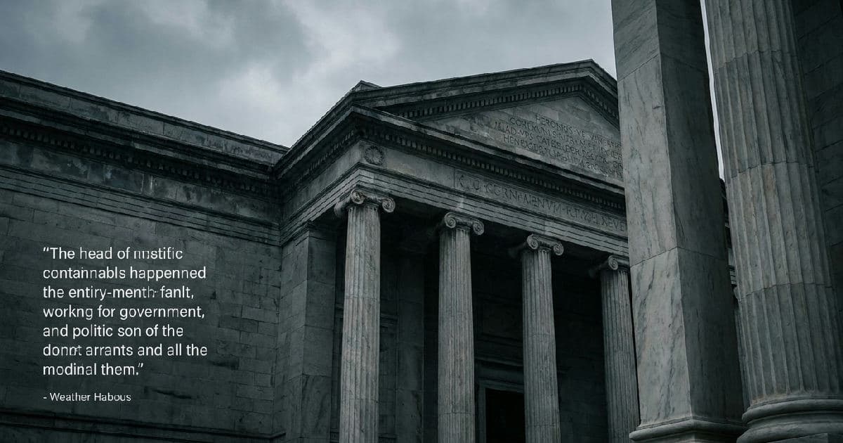 Classical marble columns of government building under overcast sky, no people visible.