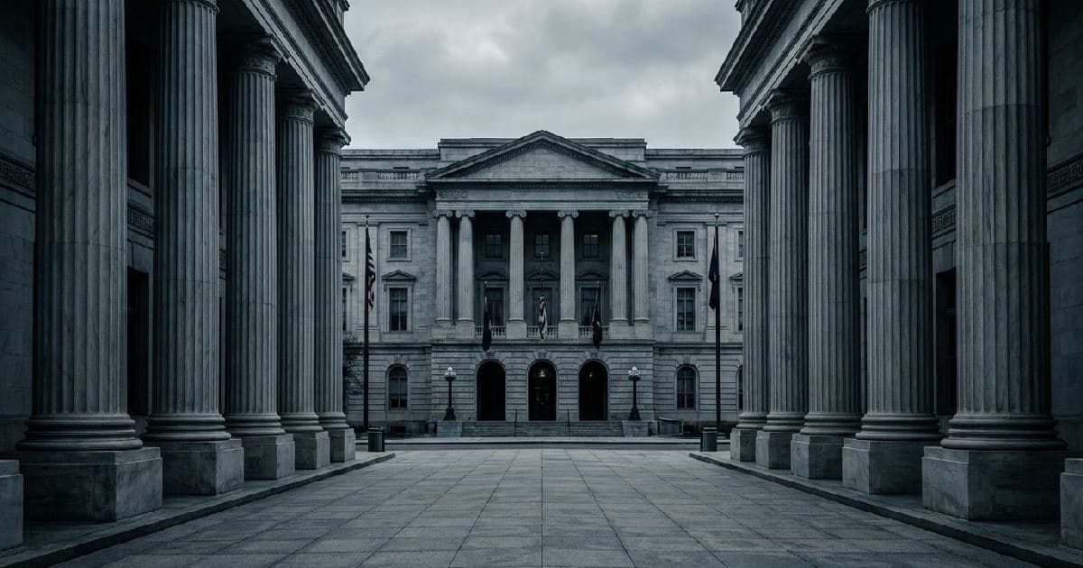 Classical marble columns of a government building under overcast sky, symmetrical architectural composition.
