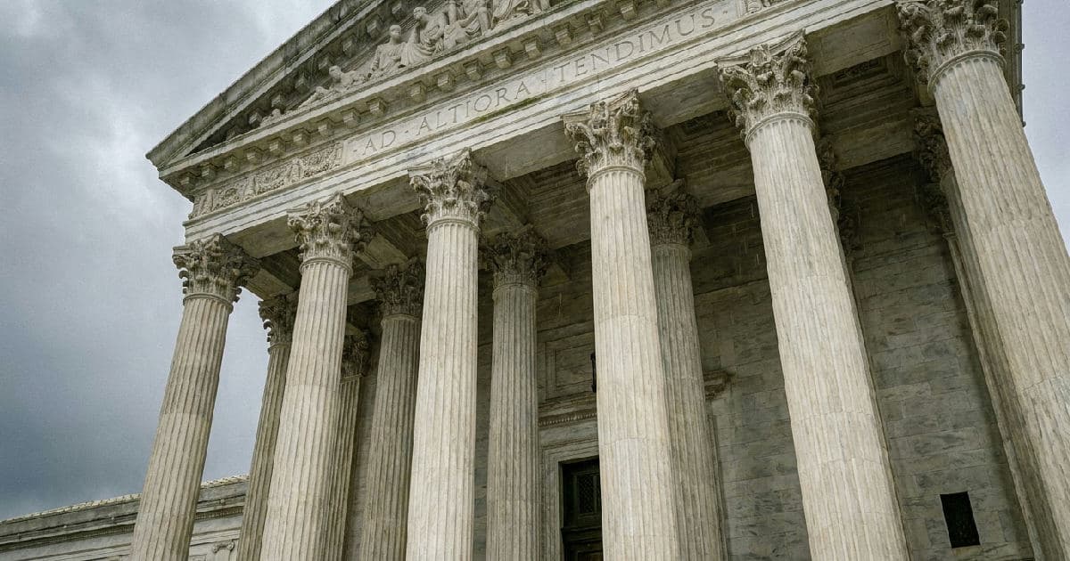 Classical marble columns of a government building under overcast sky, symbolizing institutional authority and political uncertainty.