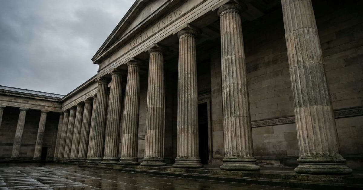 Classical marble columns of a government building beneath an overcast sky, no people present.