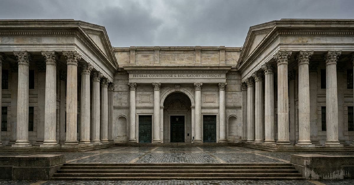 Classical marble columns of a government building under overcast sky, symbolizing regulatory authority.
