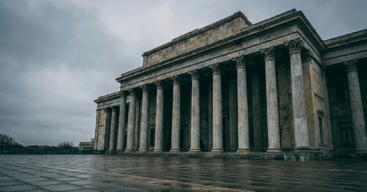 Classical marble columns of a government building under overcast sky, architectural detail.
