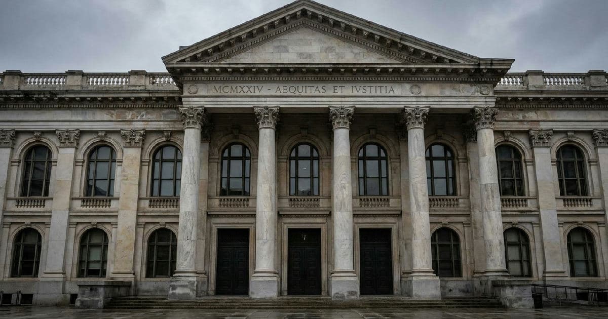 Classical marble columns of a government building under overcast sky, empty and austere.