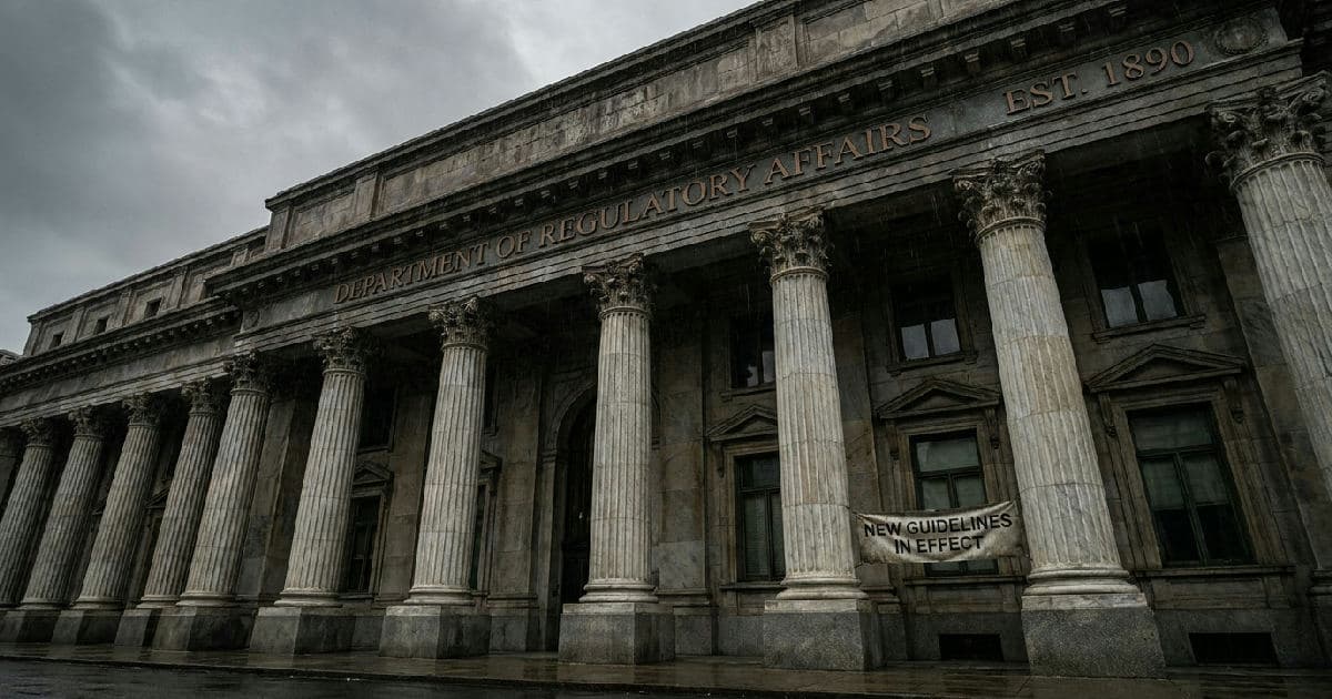 Classical marble columns of government building beneath overcast sky, institutional architecture.