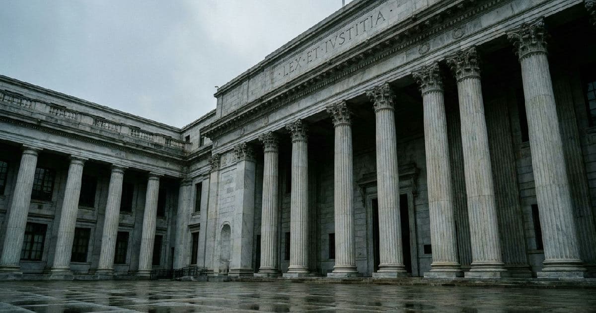 Classical government building with marble columns under overcast sky, empty courtyard visible.