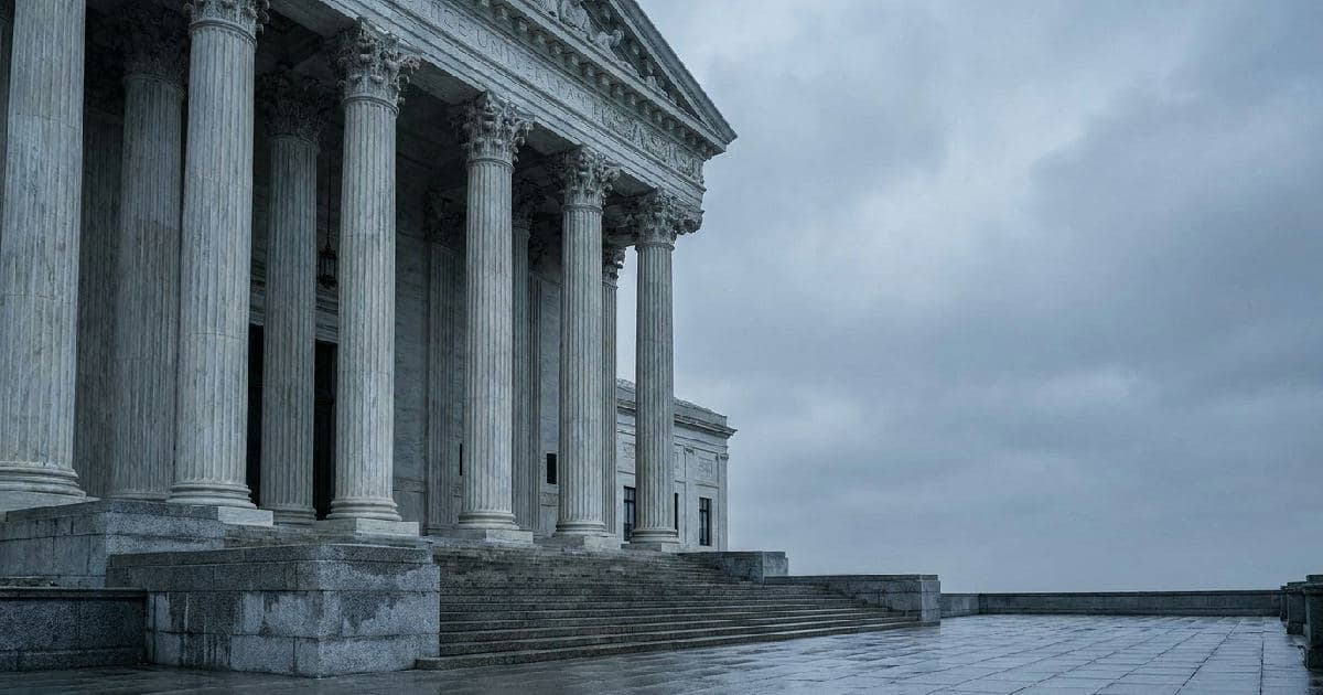 Classical marble columns of a government building beneath overcast sky, symbolizing regulatory authority.
