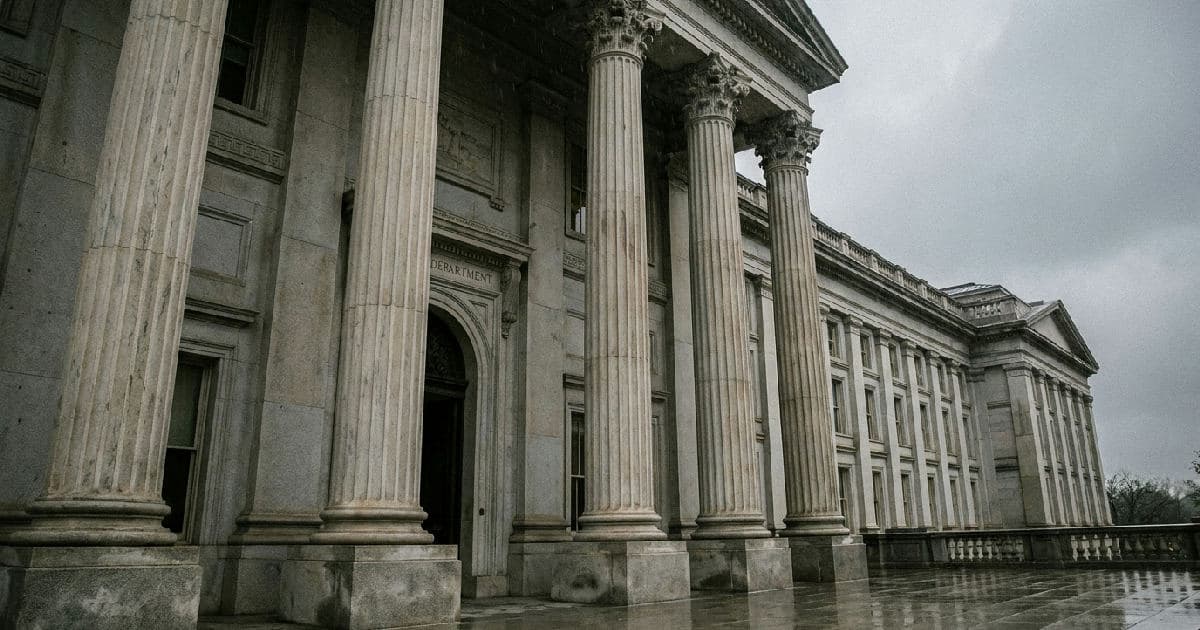 Classical marble columns of a government building beneath overcast sky, no people present.