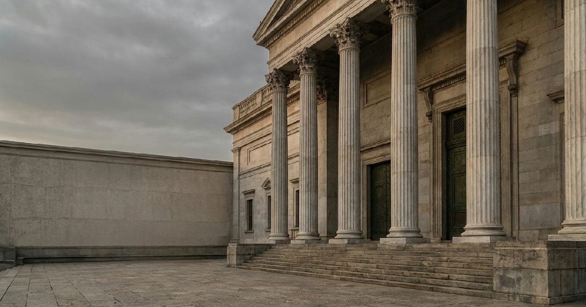 Classical marble columns of a government building beneath an overcast sky.