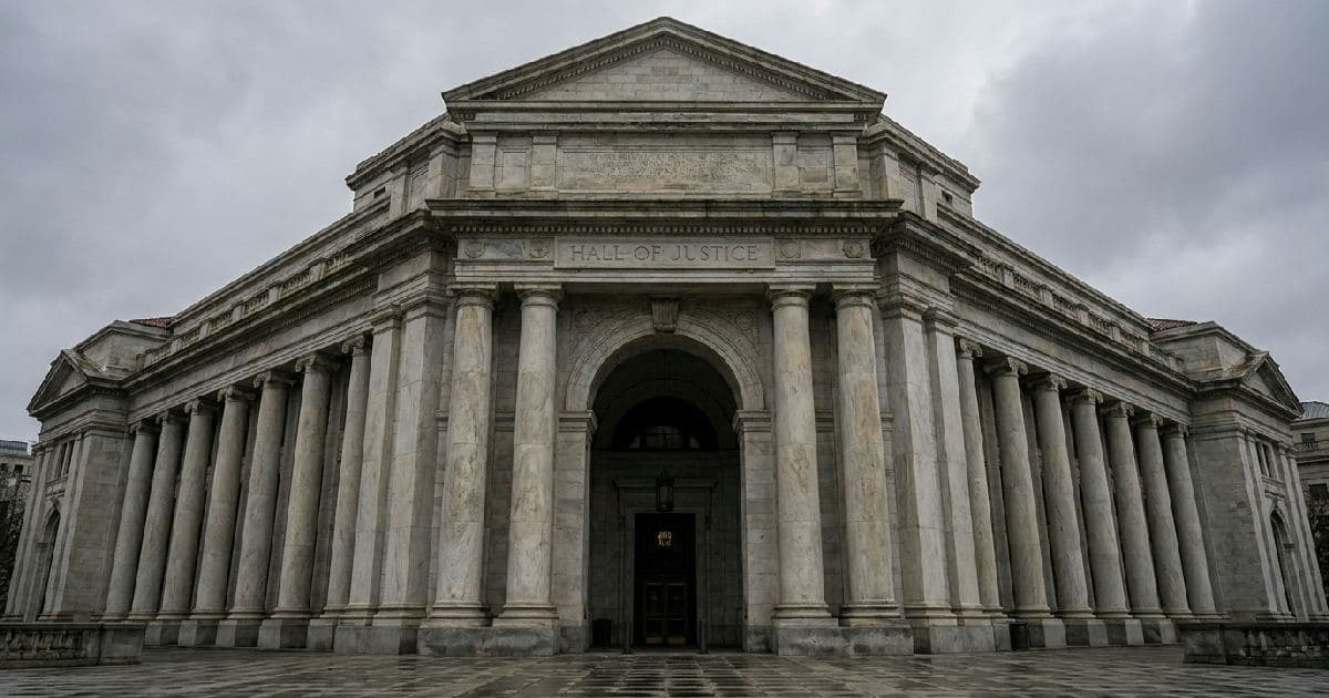 Classical marble columns of a courthouse exterior under overcast sky, symmetrical architectural composition.