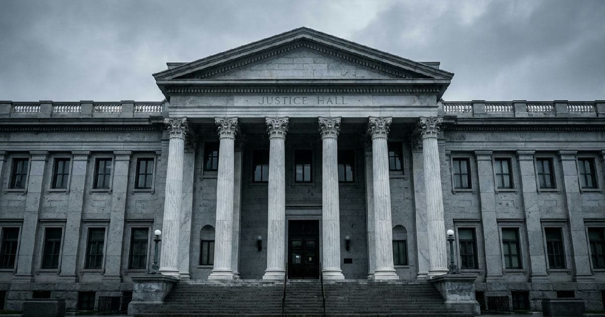 Classical marble columns of a government building under overcast sky, no people present.