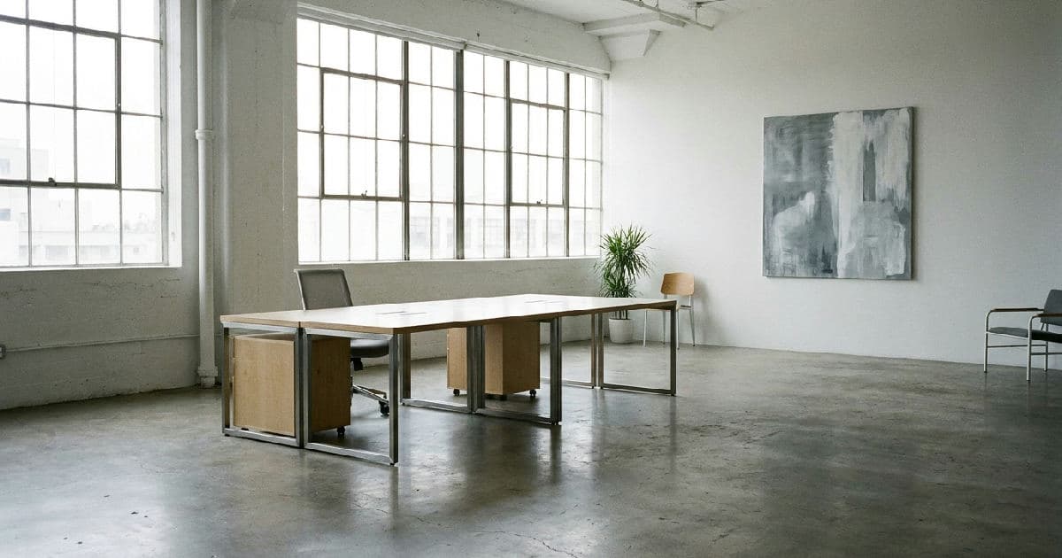 Empty modern startup office with natural light, minimal furniture, neutral tones.