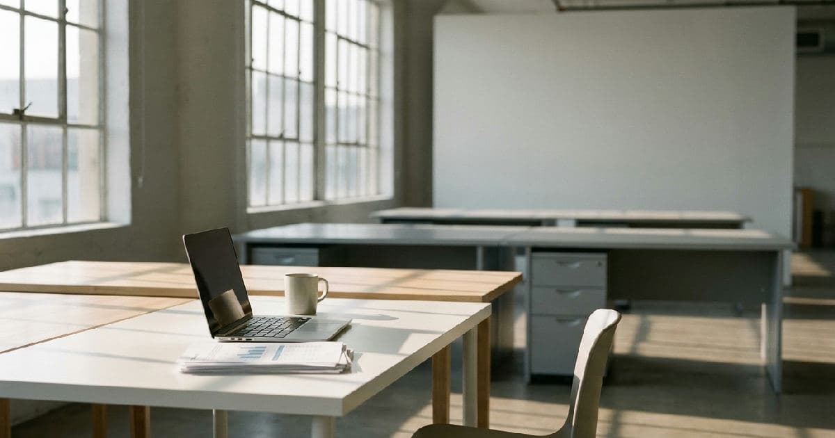 Modern startup office workspace with natural light and financial papers on desk.