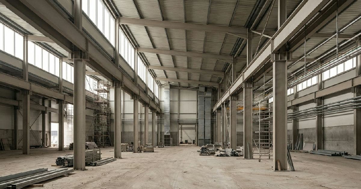 Empty industrial construction site with steel framework and natural lighting, no people present.